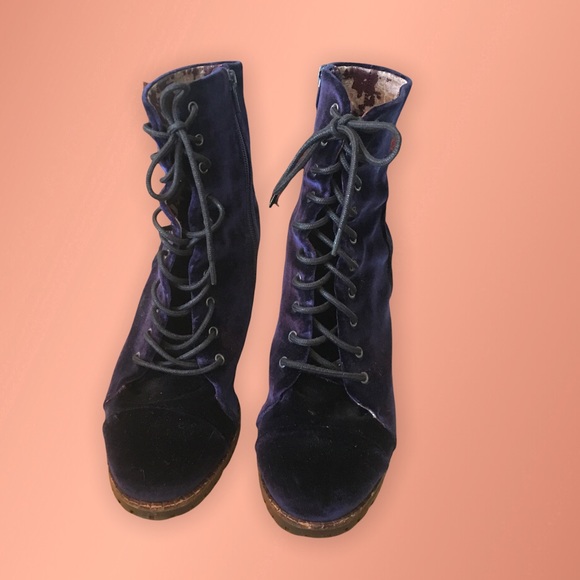 Blue Velvet Lace Up Boots - Picture 3 of 4
